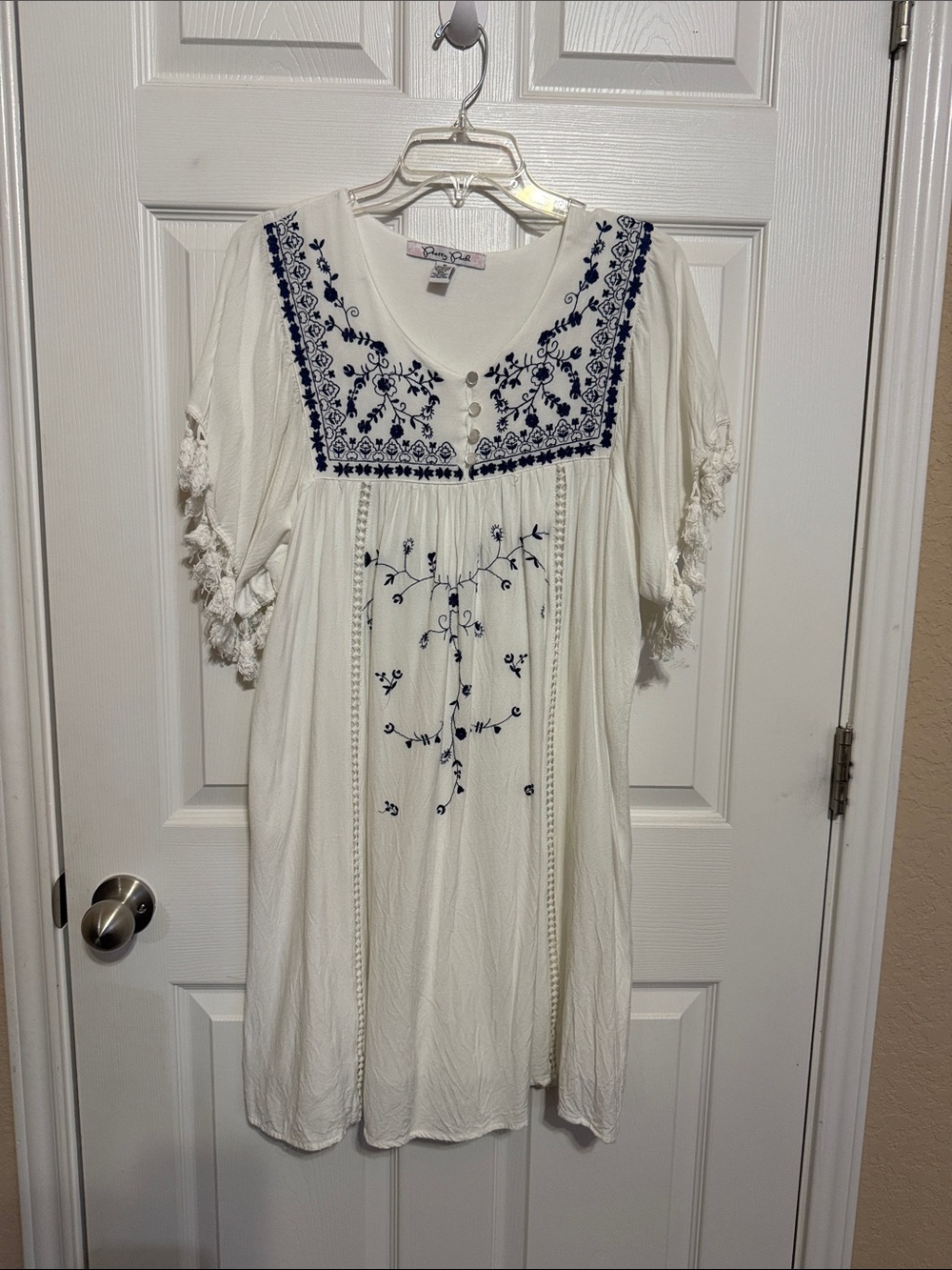 White Boho Embroidered Tunic Dress with Navy Floral Detail